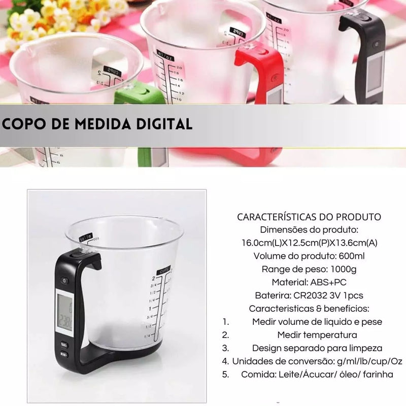 Copo de Medida digital 3 em 1 - Peso, volume e temperatura