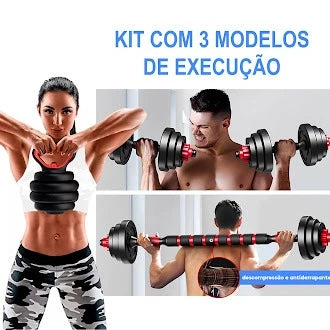 Kit 6 em 1 de Halteres, Barra e Kettlebell - Peso para Musculação e Treino em Casa