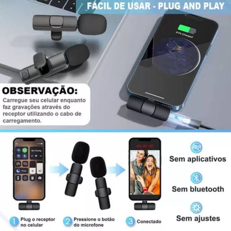 Microfone Celular Sem Fio Duplo - Tipo C
