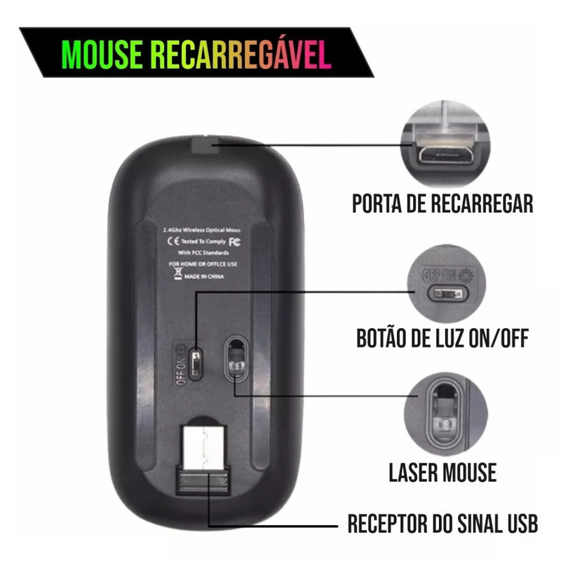 Mouse sem Fio Bluetooth e Recarregável com LED